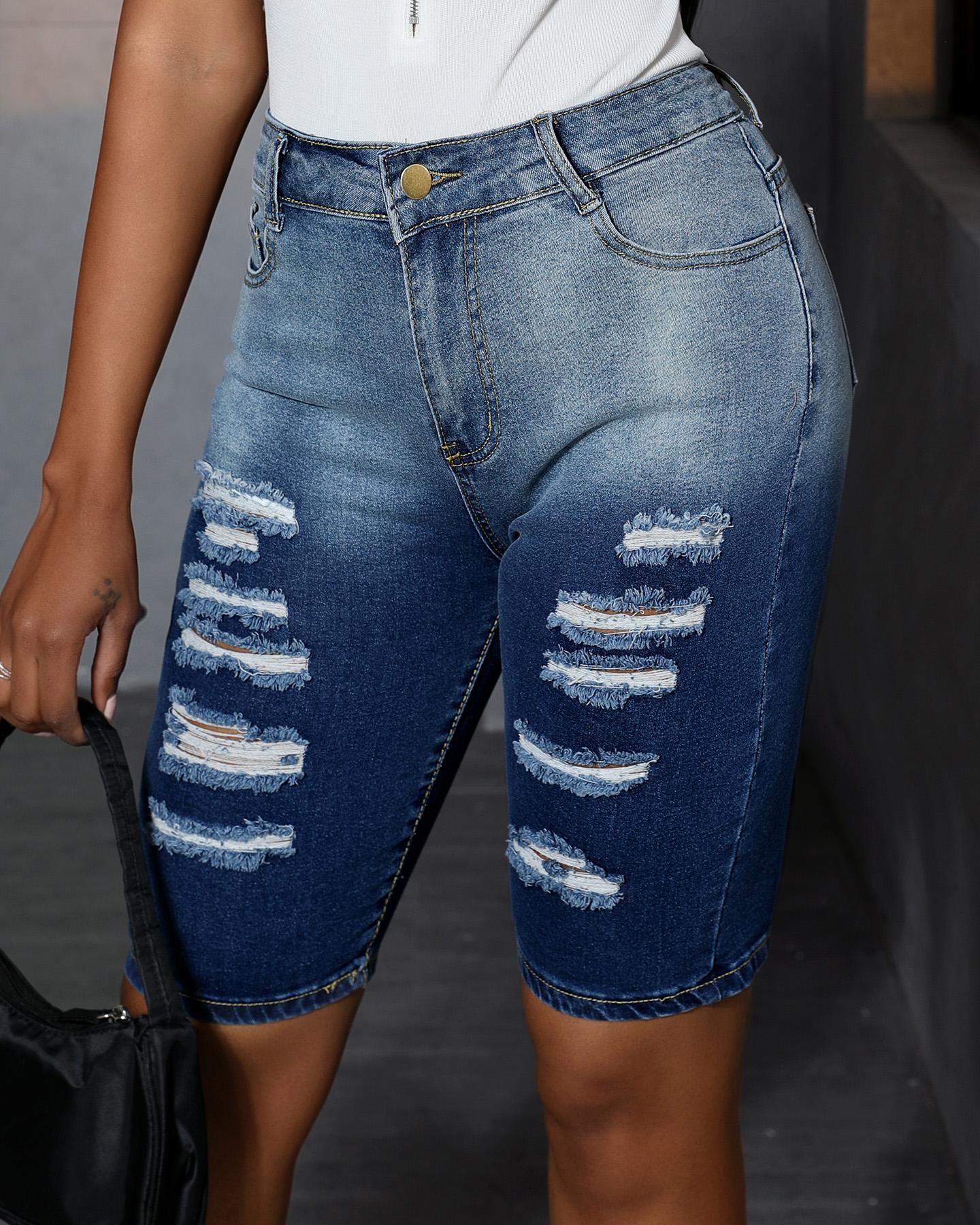 

Gradient Ladder Cutout Skinny Capris Jeans, Blue