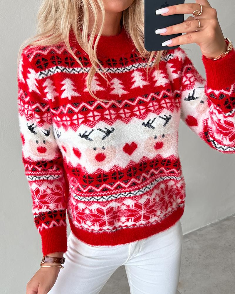 

Christmas Trees Reindeer Heart Pattern Knit Sweater, Red