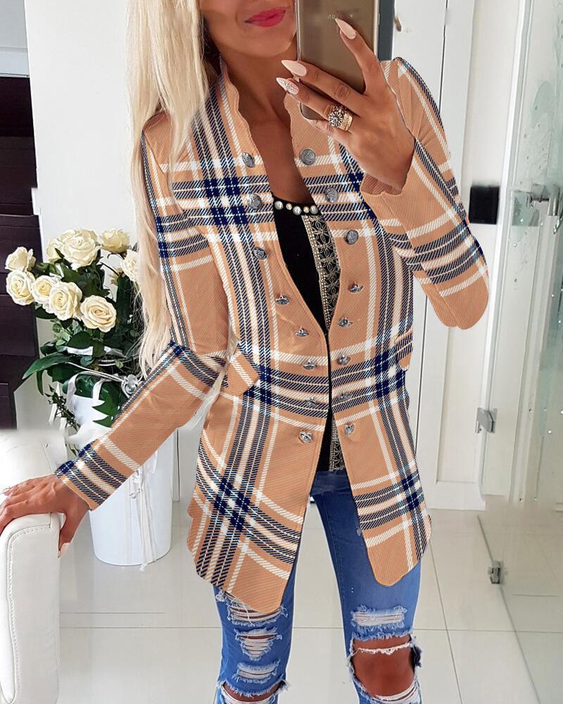 

Plaid Print Double Breasted Flap Detail Coat, Khaki