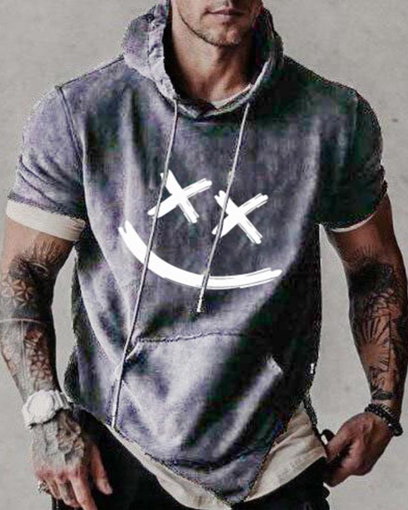 

Graphic Pattens Print Short Sleeve Loose Hooded Sweatshirts, Gray