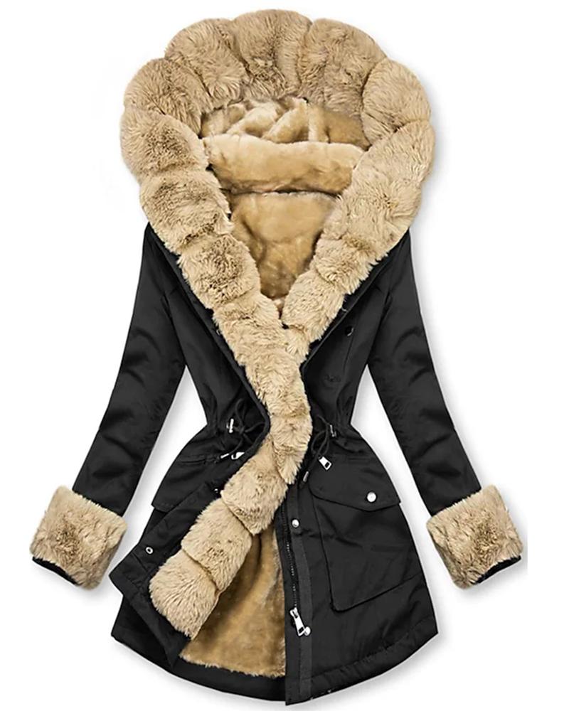 

Parka d'hiver pour femme avec col en fourrure chaud et poche à capuche, Black