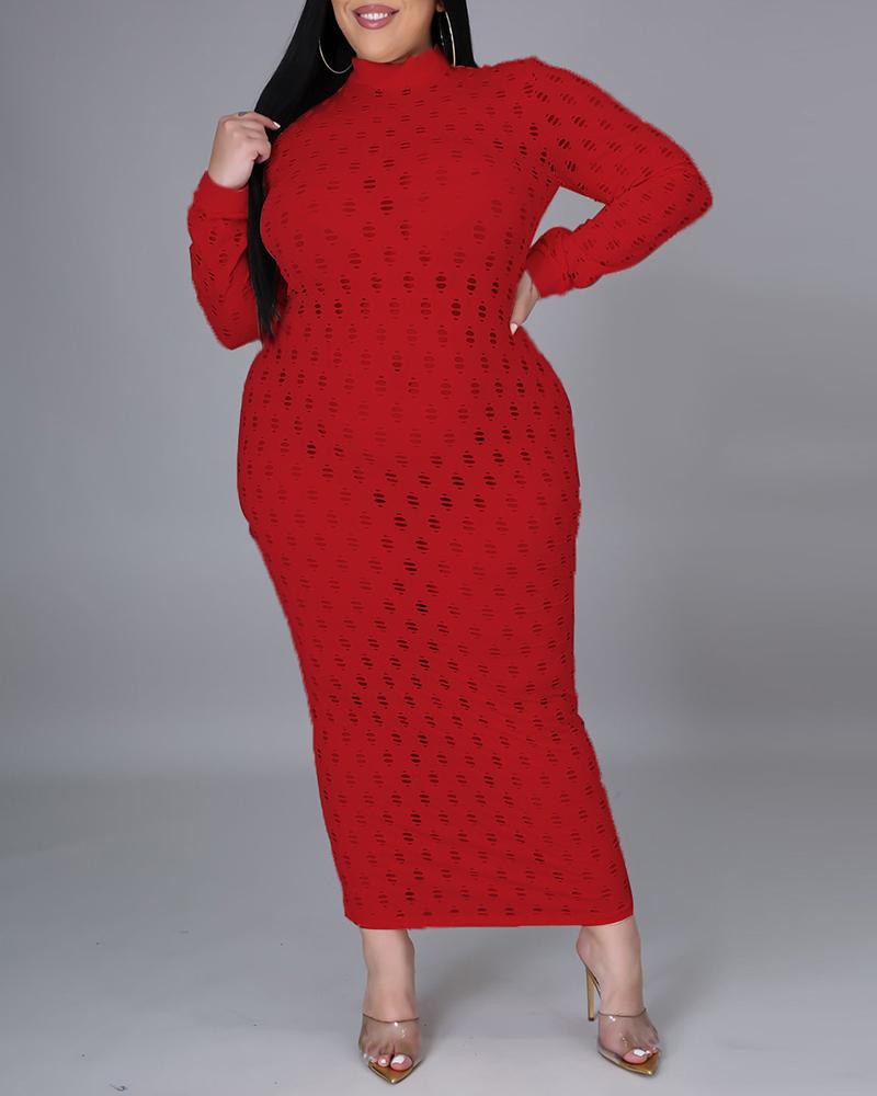 

Plus Size Hollow Out Long Sleeve Cover Up Dress Without Lining, Red