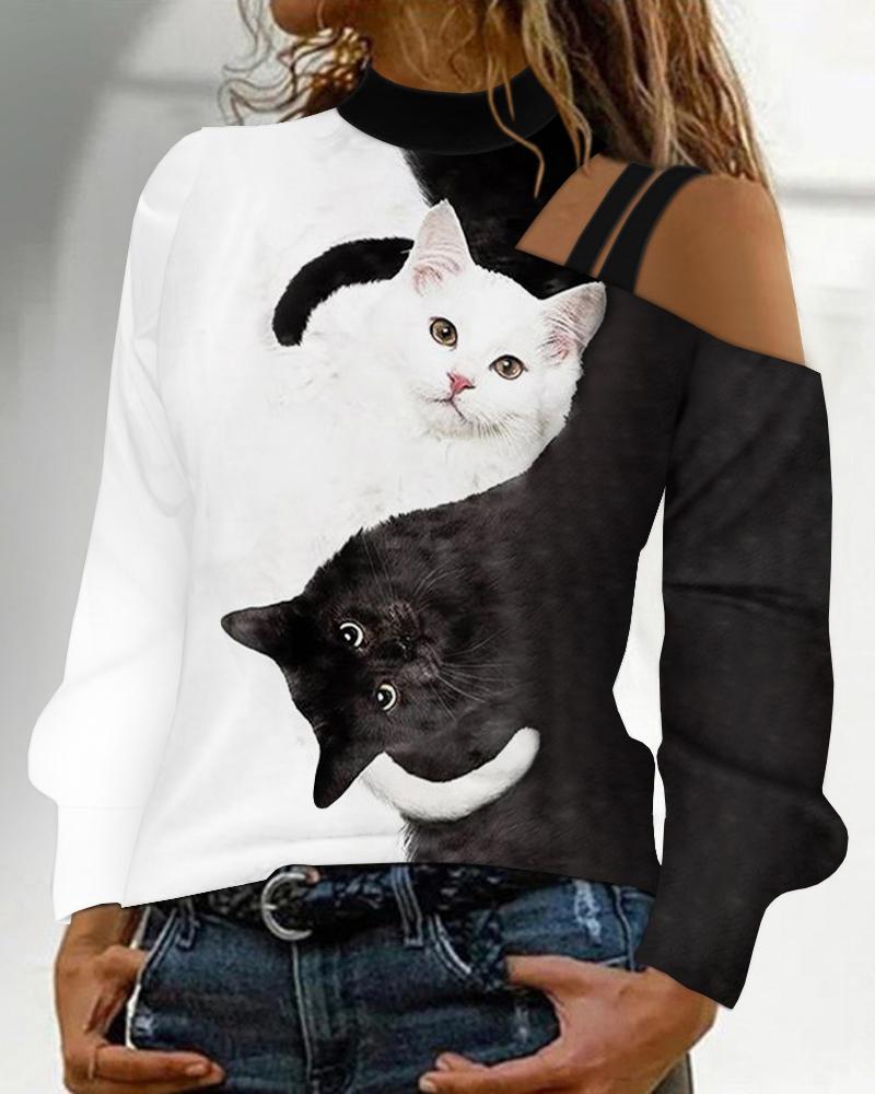 

Colorblock Cat Print Cold Shoulder Top, Blackwhite