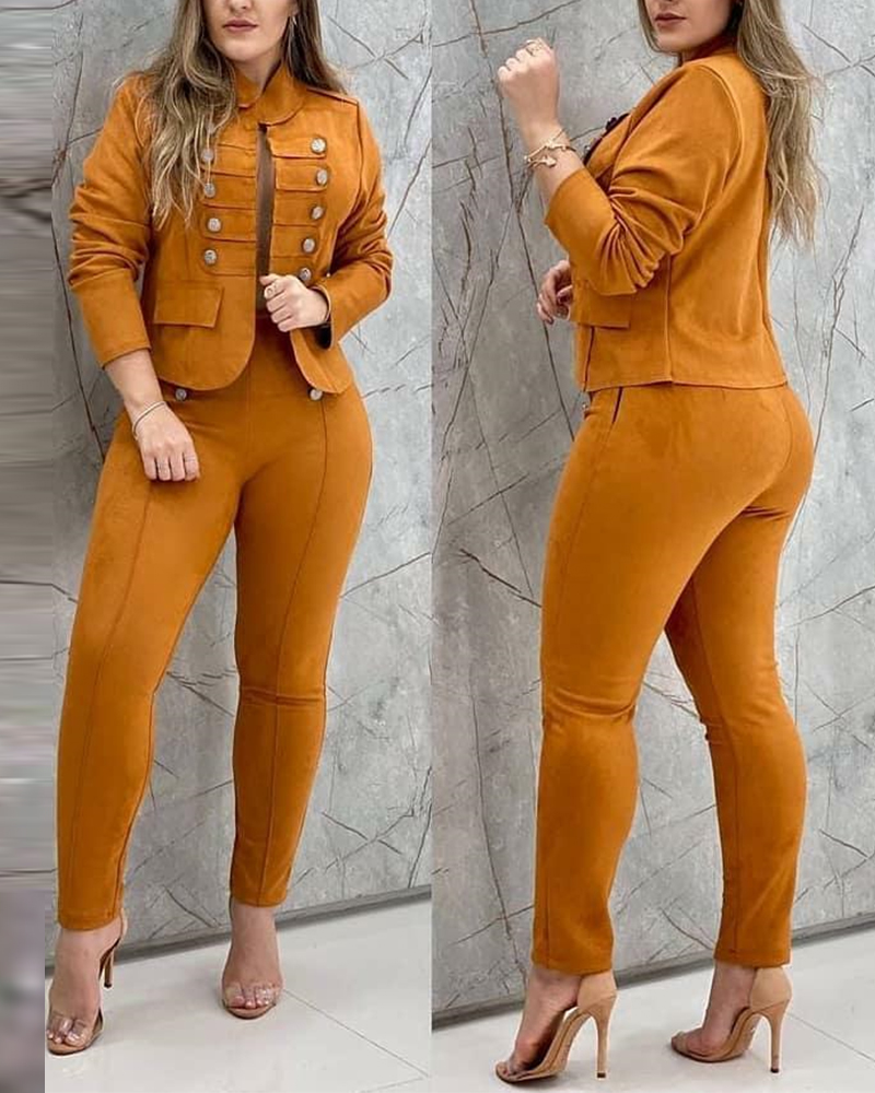

Solid Color Double Breasted Blazer & Pants Set, Yellow