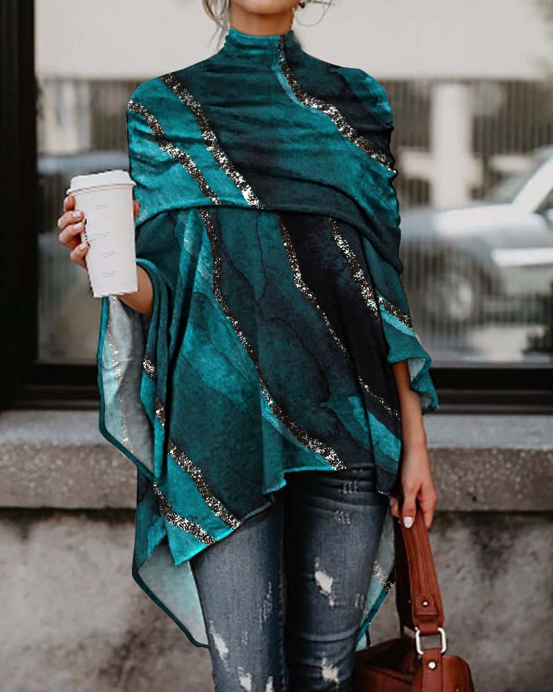 

Marble Print Asymmetrical High Low Hem Top, Green