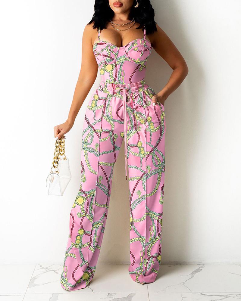 

Scarf Chain Print Zipper Back Cami Top & Wide Legs Contrast Pipping Pants Set, Pink