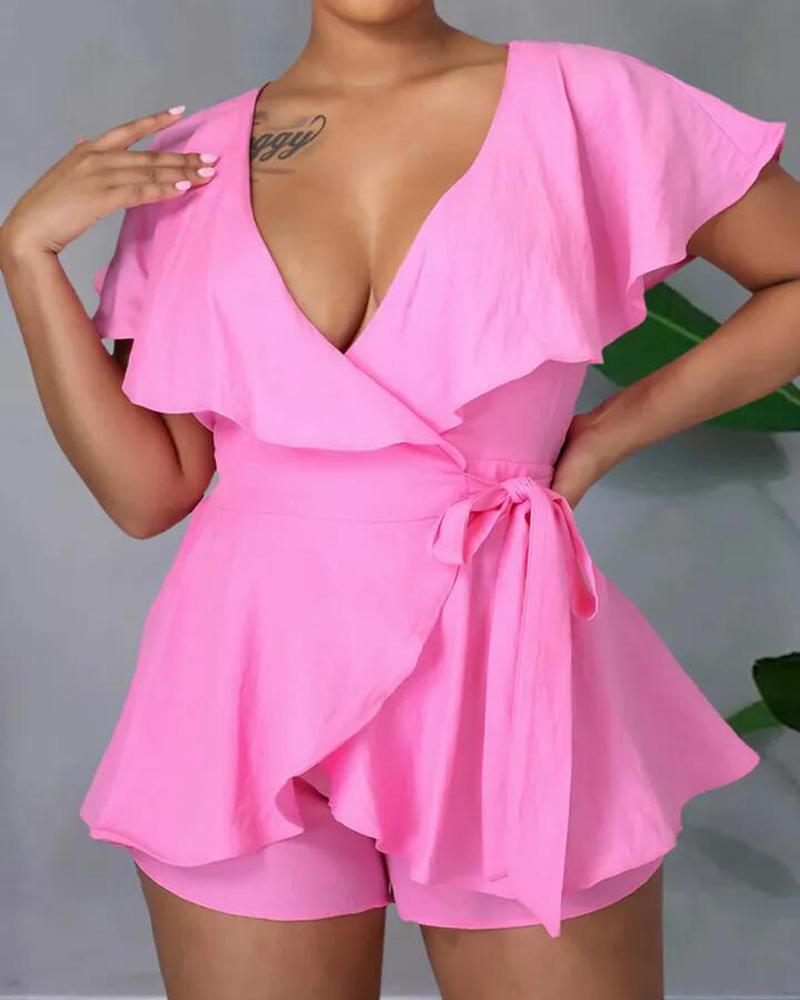 

Tied Detail Ruffle Hem Open Back Romper, Pink