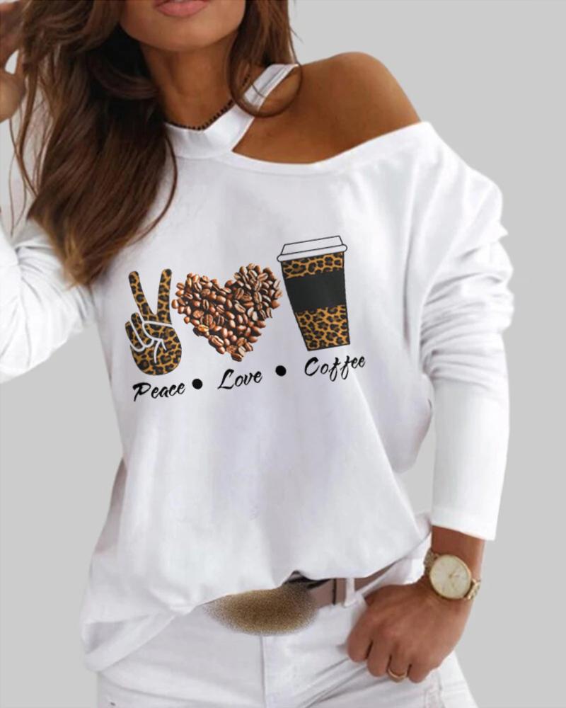 

Peace Love Coffee Print Cold Shoulder Top, White