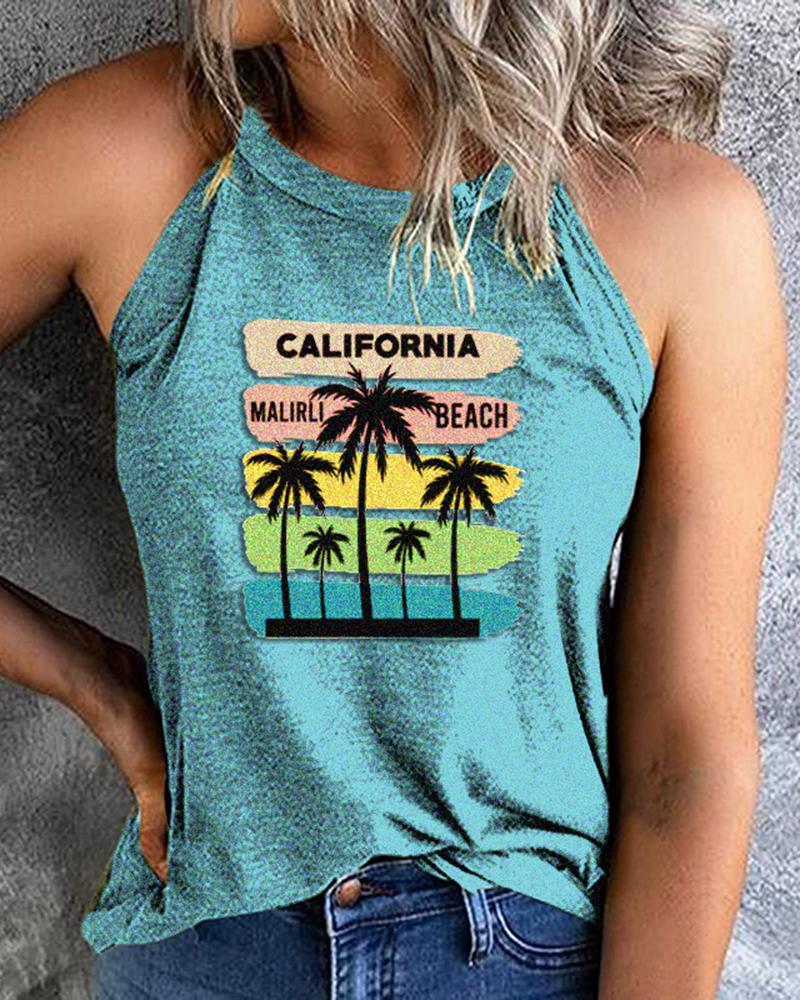 

Landscape Coconut Tree Letter Print Graphic Tee Round Neck Vest Tank Top, Blue