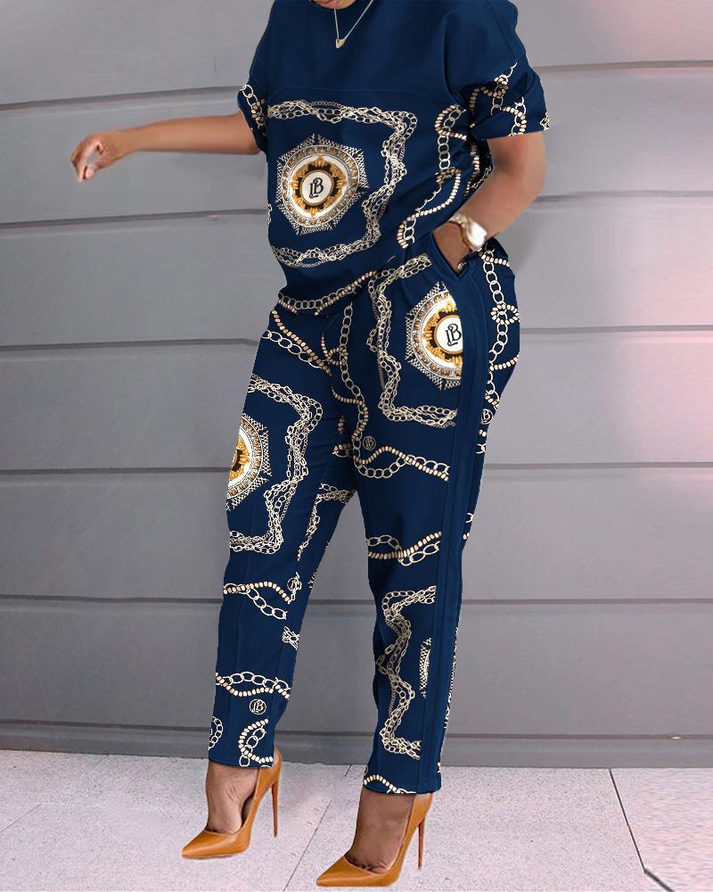 

Plus Size Chain Print Casual Top & Pants Set, Purplish blue