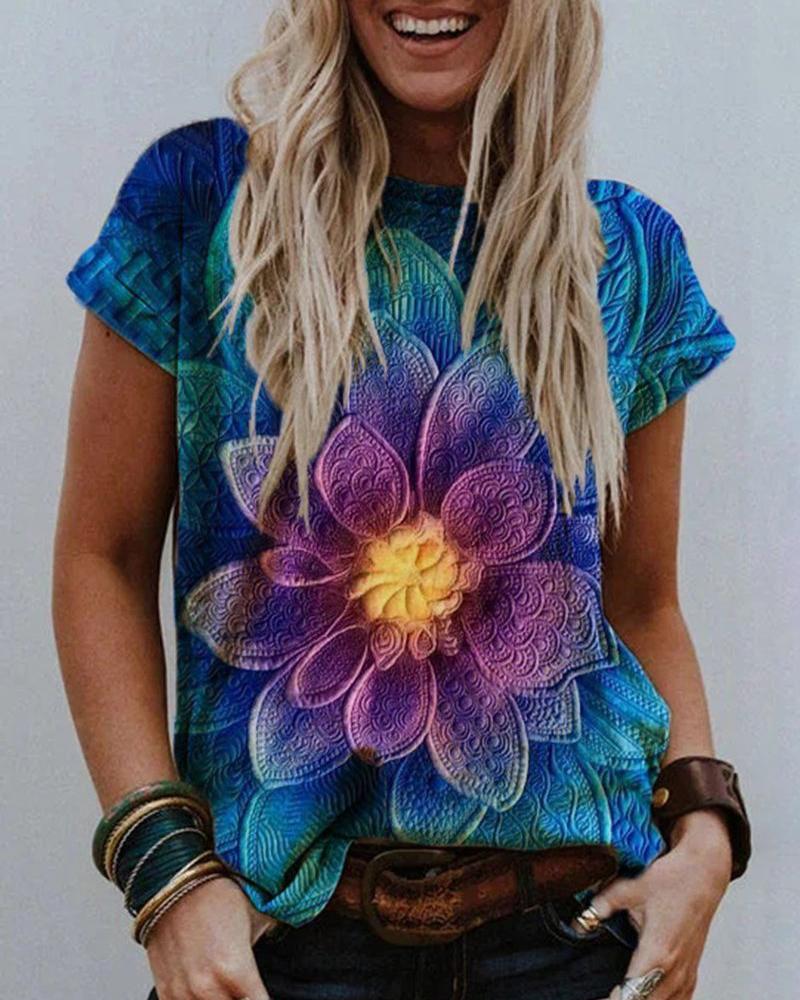 

Floral Print Short Sleeve T-shirt, Blue