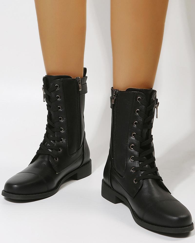 

Buckled Eyelet Lace-up Zipper Design Boots, Black