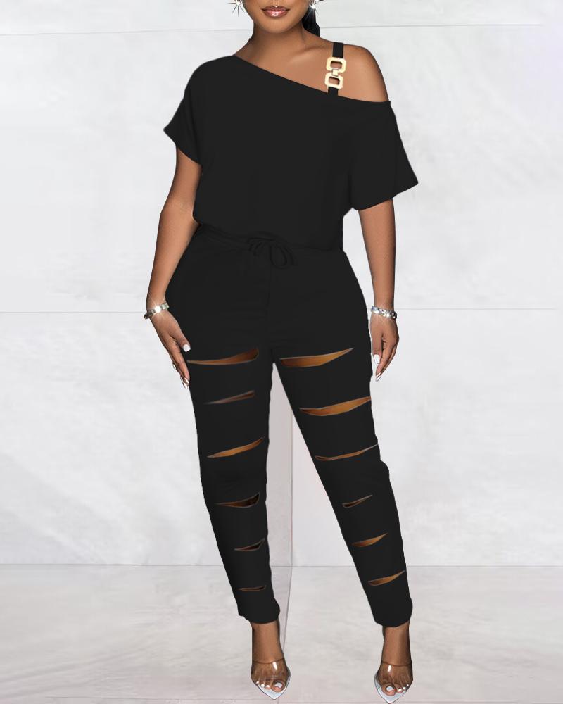 

Cold Shoulder Ladder Cutout Jumpsuit, Black
