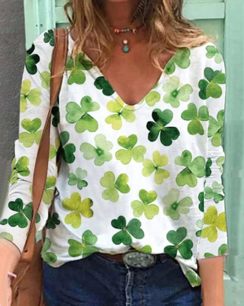 

St. Patrick' Day Lucky Shamrock Print Casual Top, Green