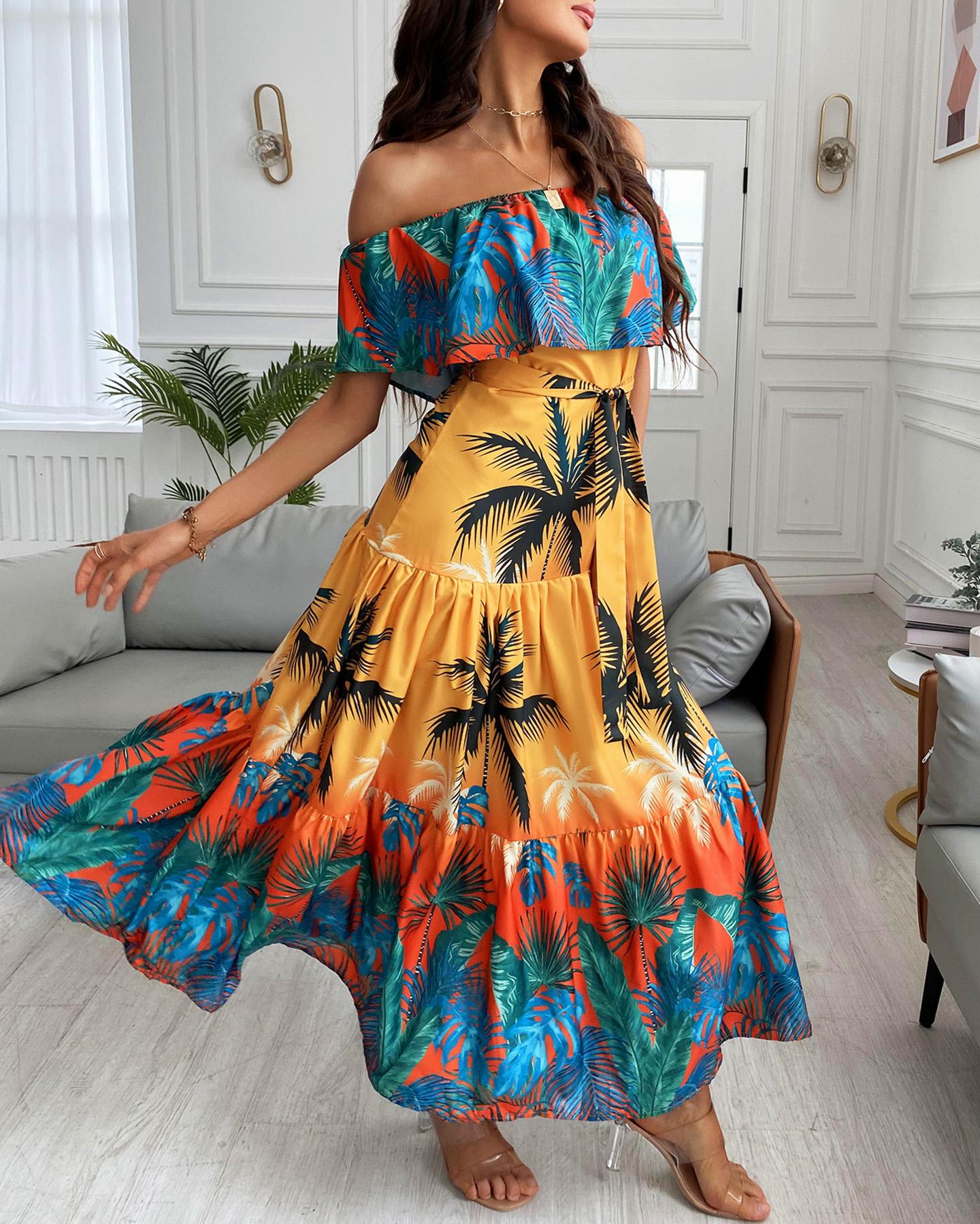 

Off Shoulder Tropical Print Ruffles Maxi Dress With Belt, Orange