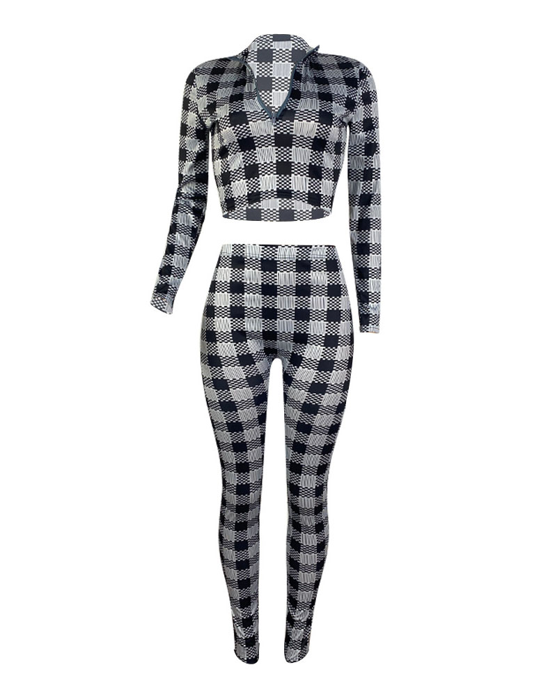 

Plaid Print Zip Front Crop Top & Pants Set, Black