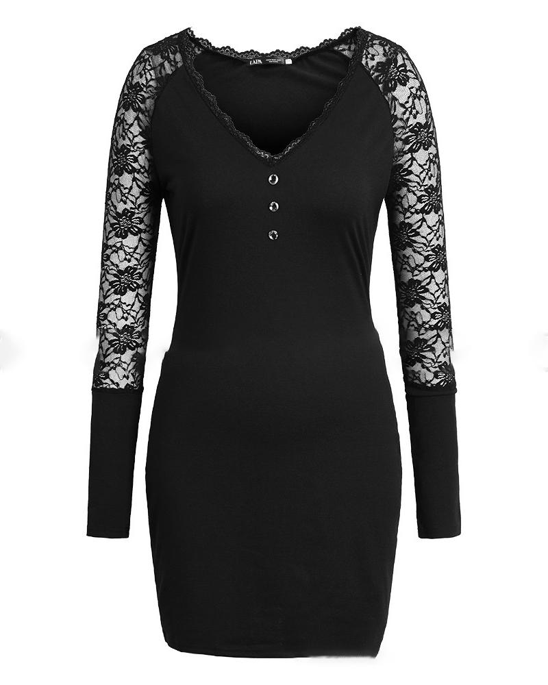 

Contrast Lace Long Sleeve Bodycon Dress, Black