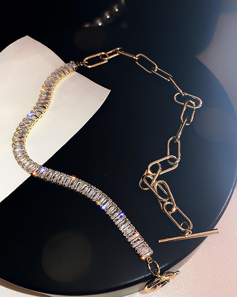 

Square Shaped Rhinestone Decor Chain Necklace, Gold