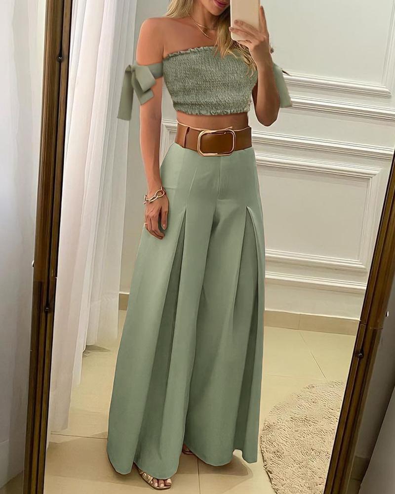 

Off Shoulder Tied Detail Crop Top & Wide Leg Ruched Pants Set, Green