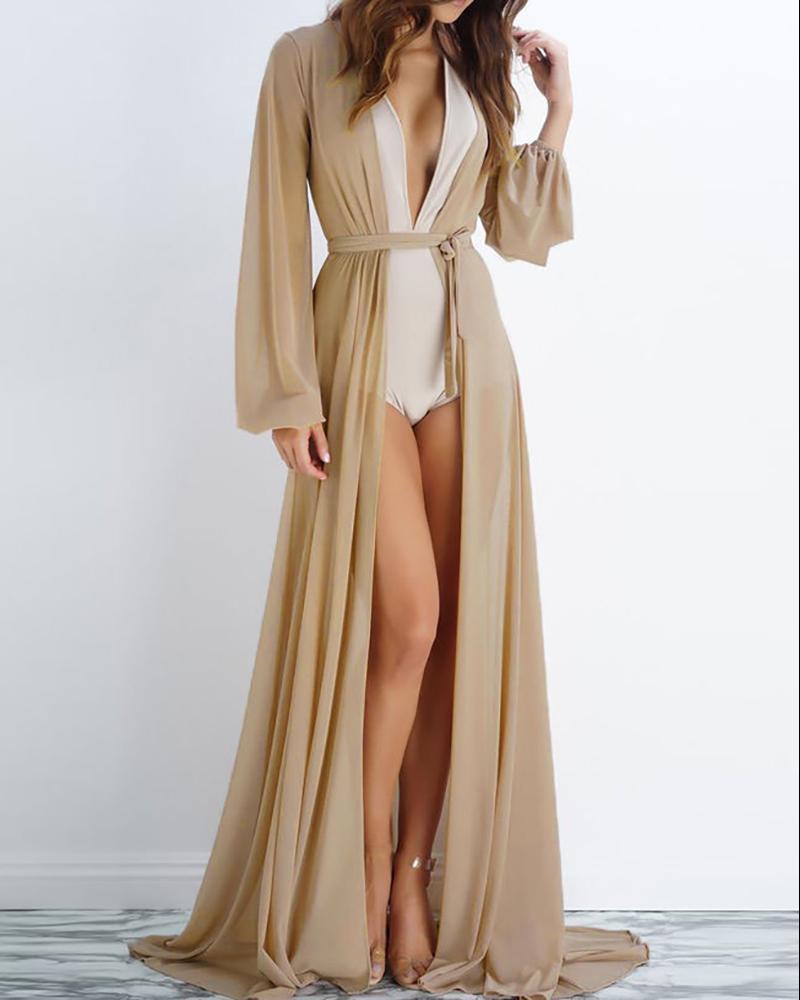 

Sheer Mesh Lantern Sleeve Tied Detail Chiffon Cover Up, Khaki