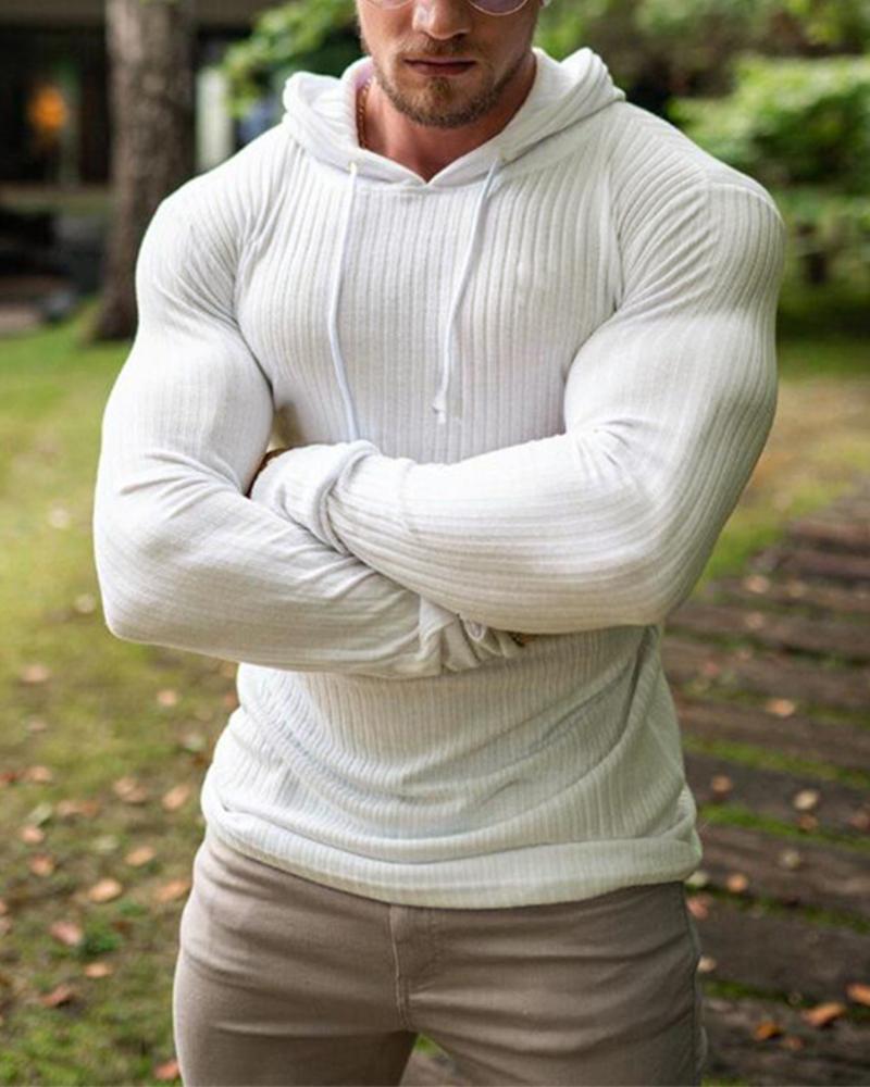 

Solid Color Ribbed Long Sleeve Hooded Knitted T-shirt, White