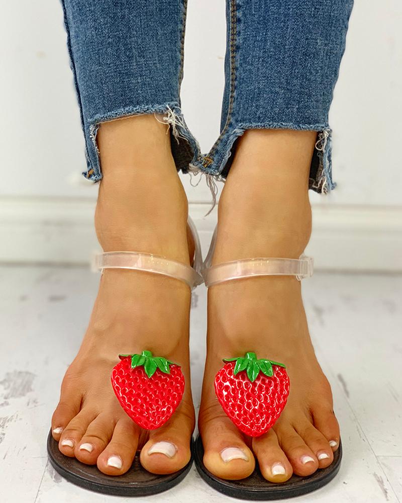 

Transparent Strap Strawberry Pattern Sandals, Gray