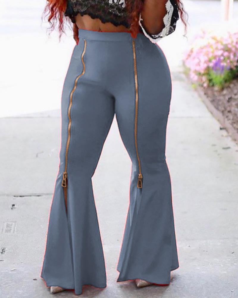 

Zipper Design High Waist Bootcut Pants, Gray