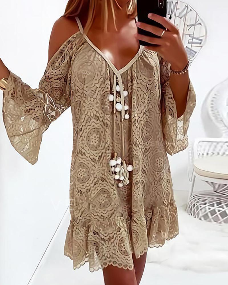 

Tassel Design Flared Sleeves Lace Dress, Khaki