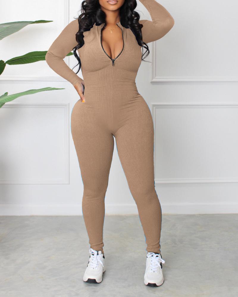 

Long Sleeve Zip Front Ribbed Jumpsuit, Khaki