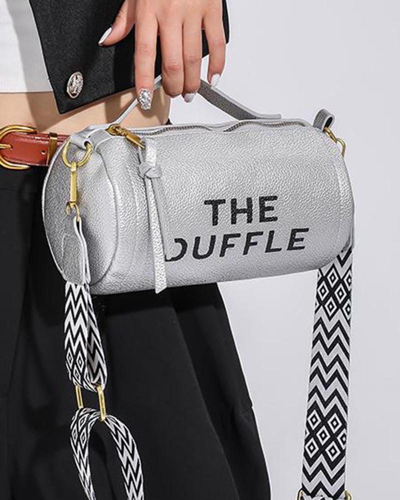 

Letter Print Tape Patch Cylinder Crossbody Handbag, Silver