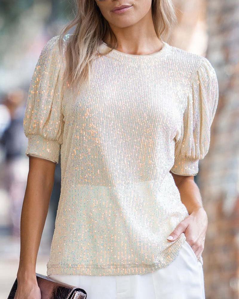 

Haut à sequins à manches bouffantes, Light yellow
