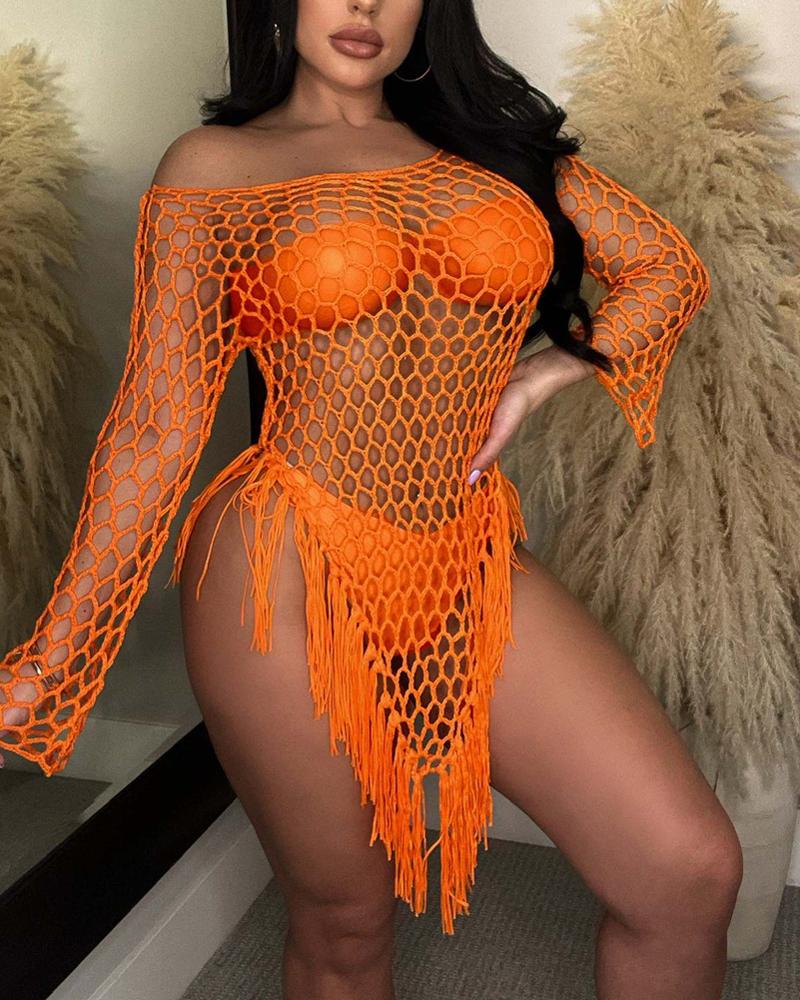 

Off Shoulder Tassel Design Crochet Cover Up Dress, Orange