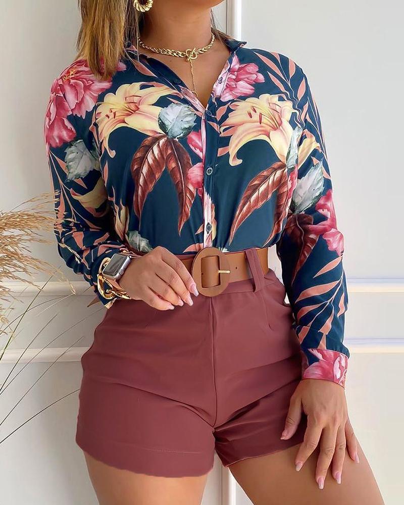 

Floral Print Shirt & Plain Shorts Set, Blue