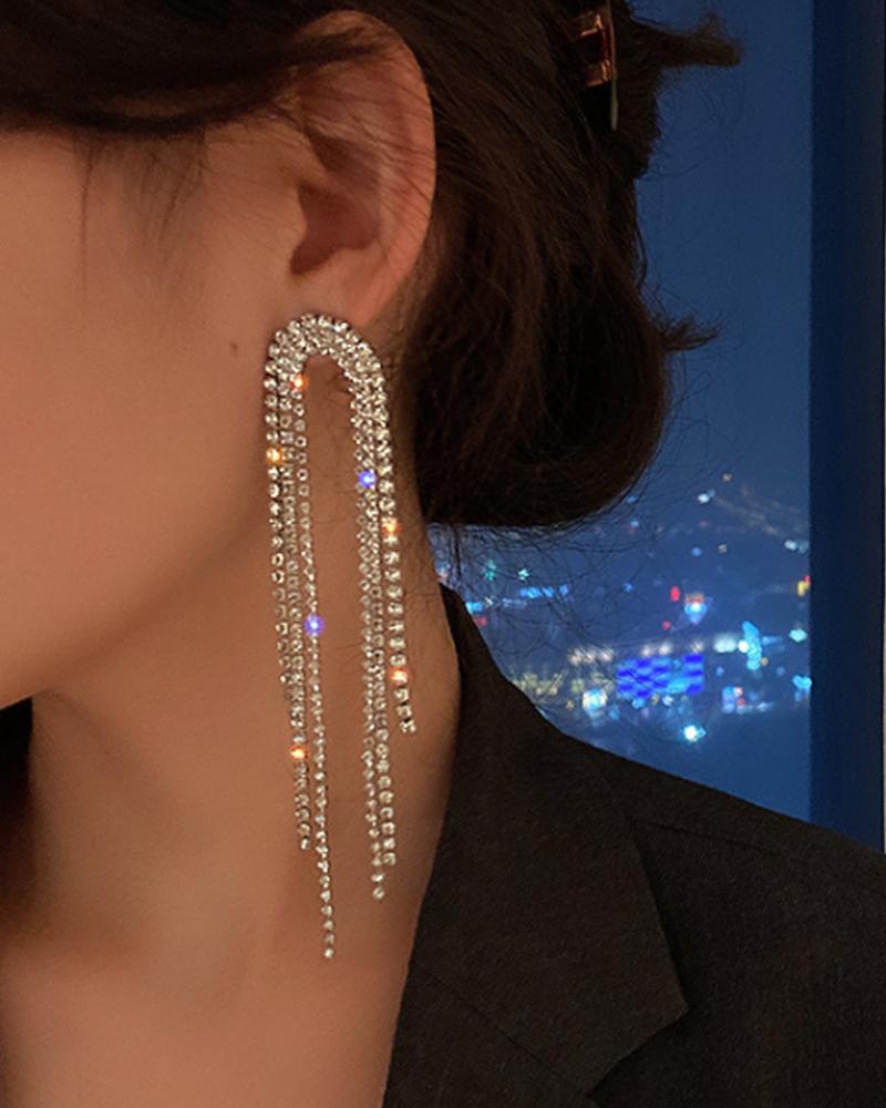 

1Pair Sparkling Rhinestone Long Tassel Earrings, Silver