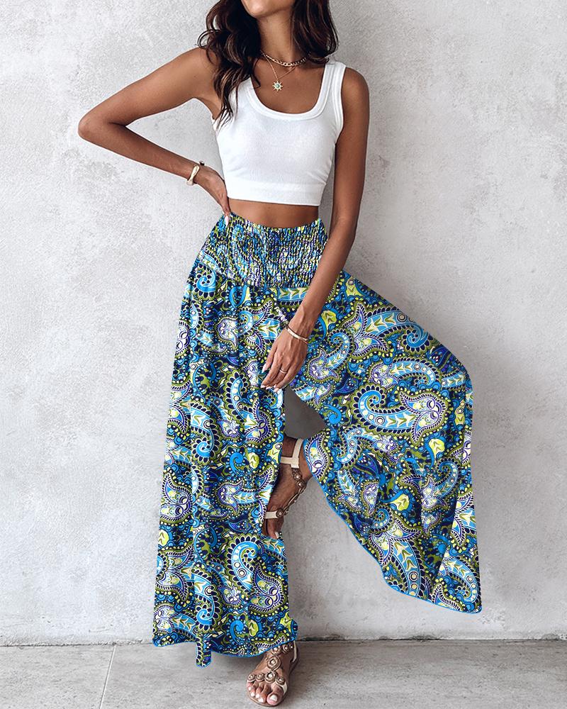 

Paisley Print Shirred Wide Leg Pants, Green