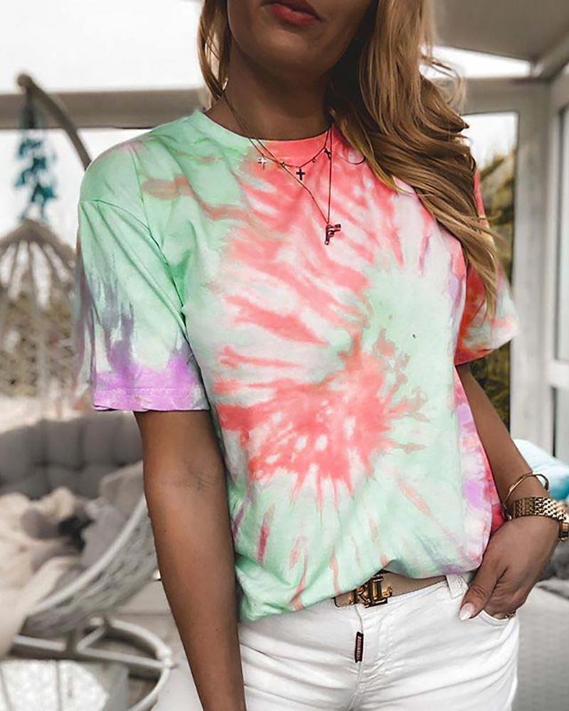 

Tie Dye Print Round Neck T-shirt, Pink