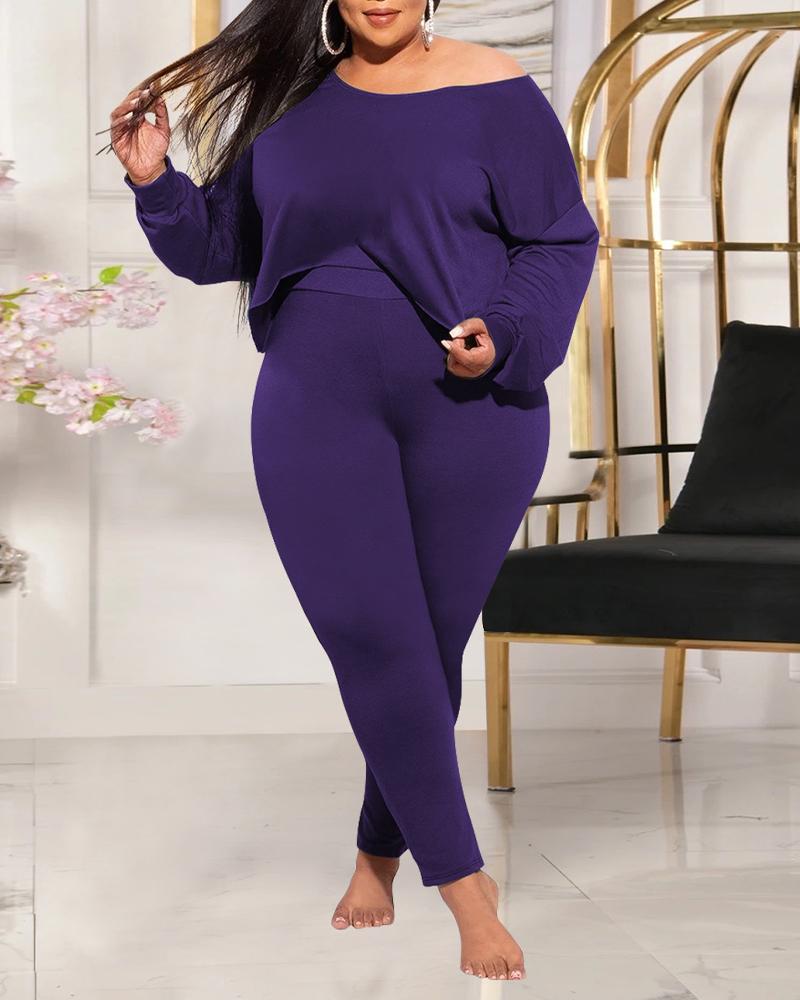 

Plus Size Long Sleeve Asymmetrical Hem Top & Pants Set, Purple