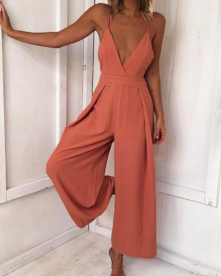 Deep V Knotted Open Back Flared Jumpsuit