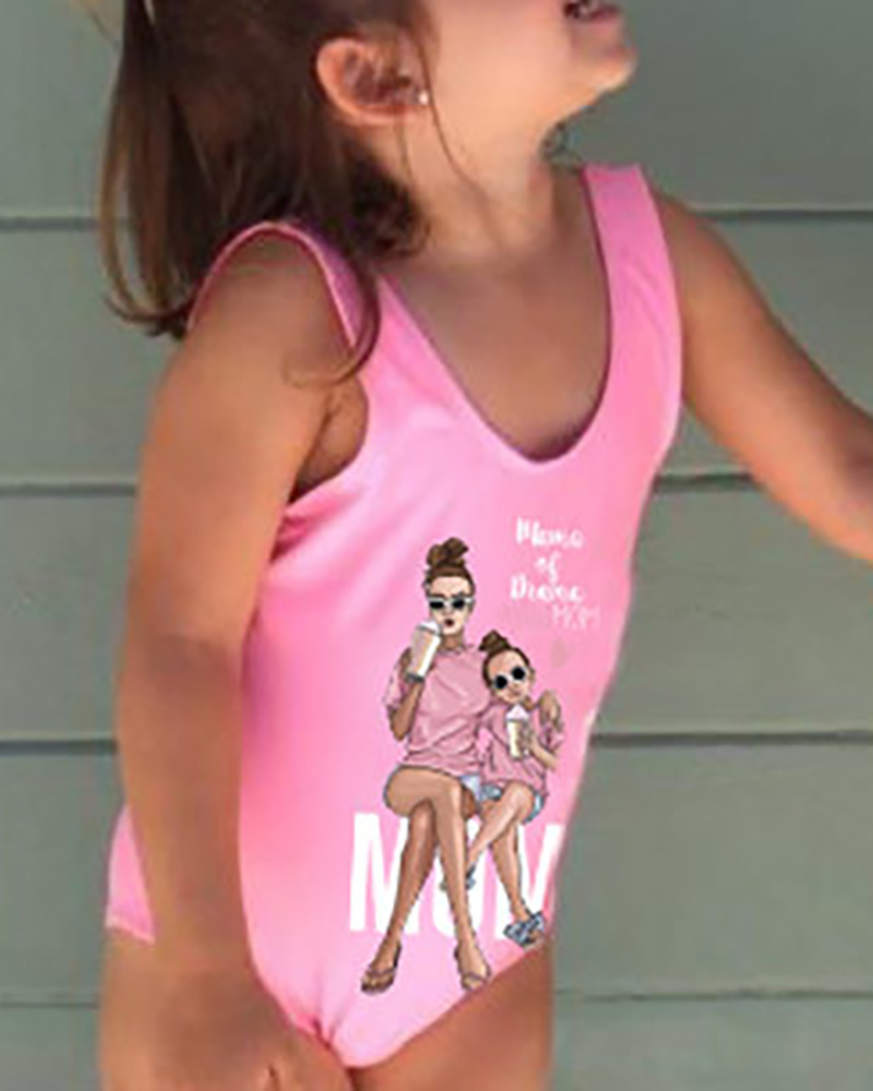 

Mommy & Me Graphic Letter Print One Piece Swimsuit For Kids, Pink