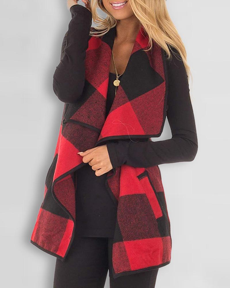 

Plaid Print Pocket Detail Waterfall Vest Coat, Red