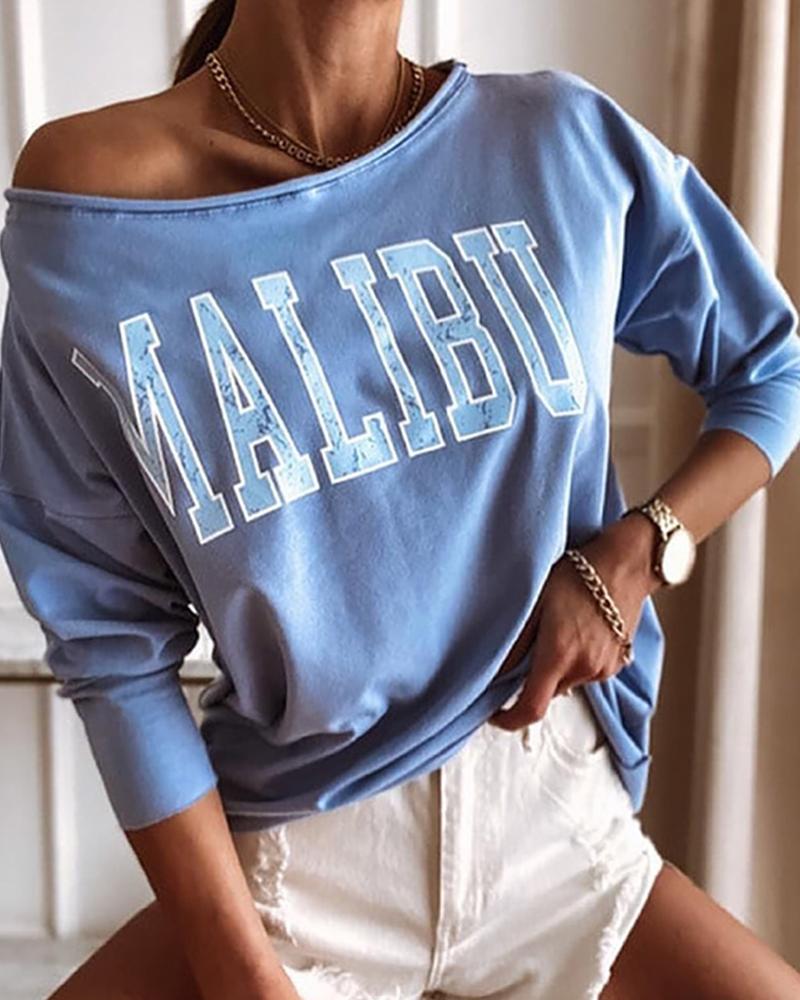 

Letter Print Long Sleeve Casual Sweatshirt, Blue