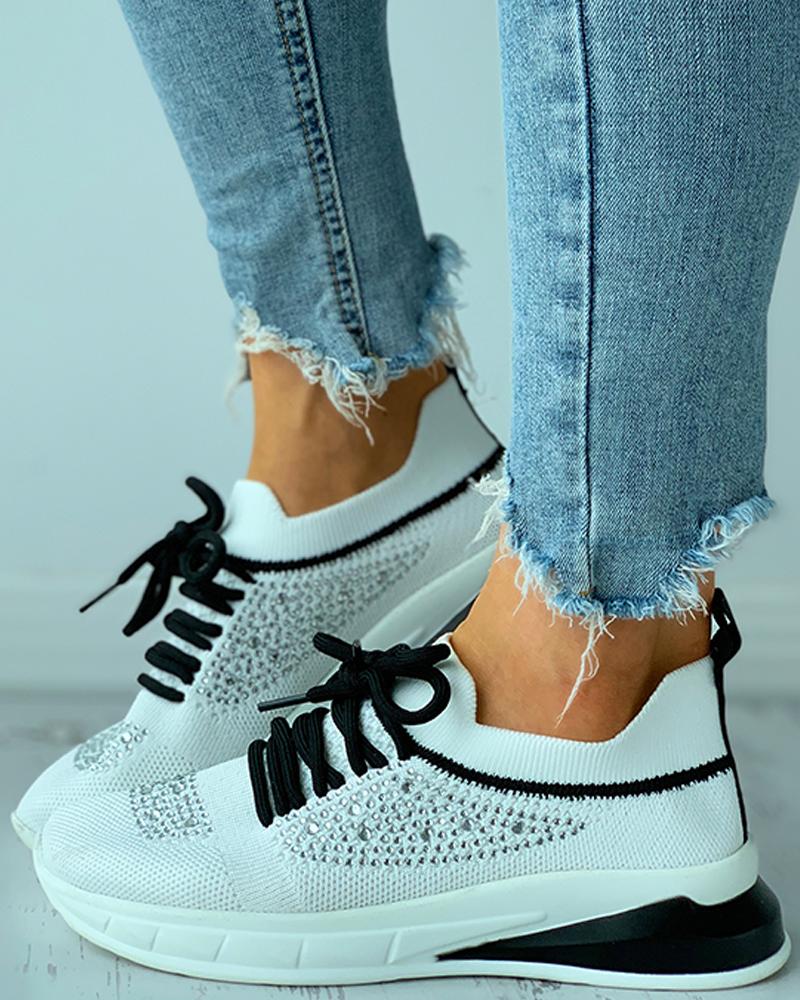 

Knit Studded Lace-up Colorblock Sneakers, Black