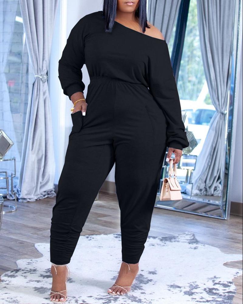 

Long Sleeve Round Neck Pocket Design Jumpsuit, Black