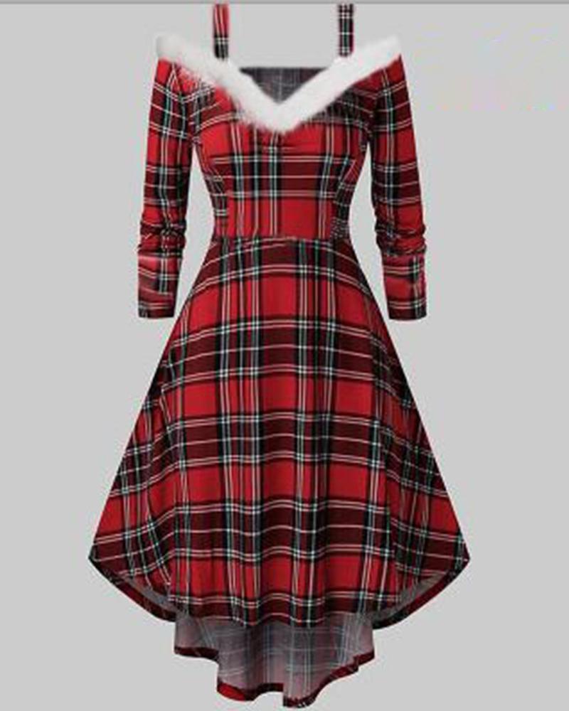 

Plaid Print Fuzzy Trim Cold Shoulder High Low Hem Party Dress, Red