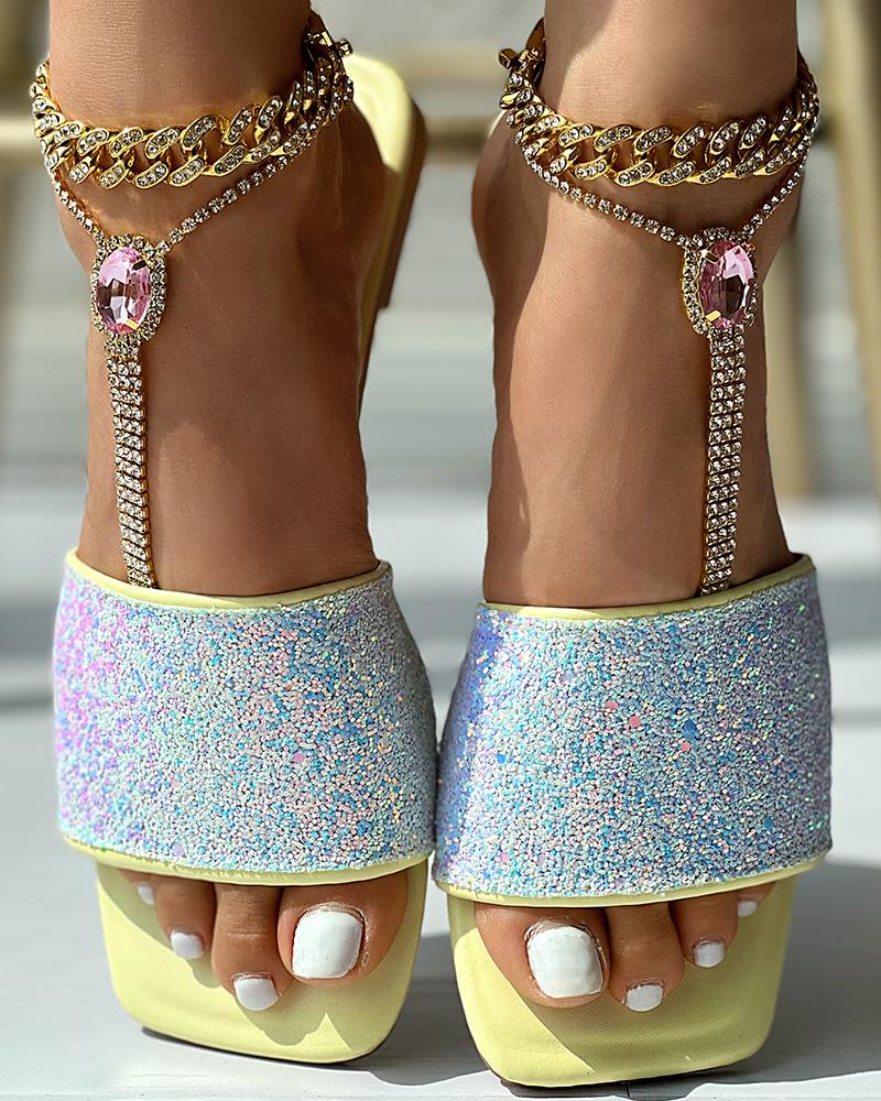 

Glitter Wide Strap Square Toe Slippers, Yellow