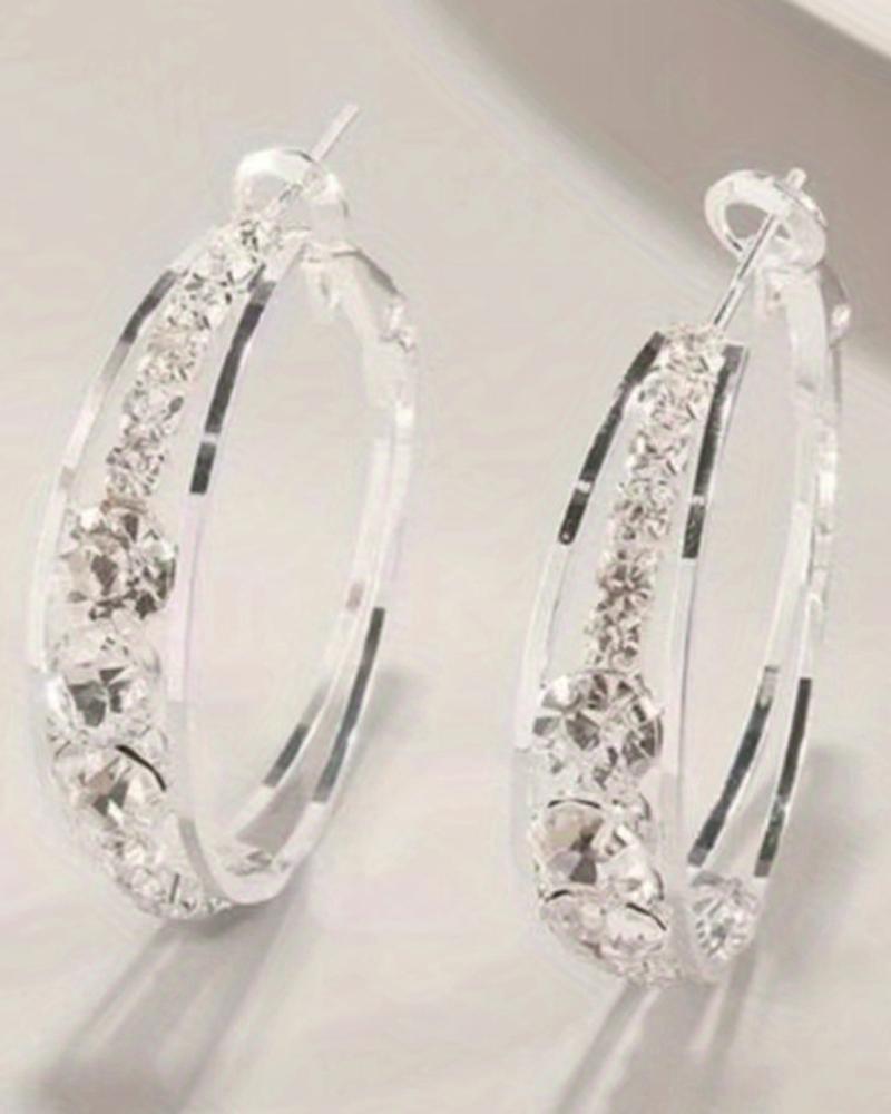 

1Pair Exquisite Rhinestone Decor Large Circle Hoop Earrings, Silver