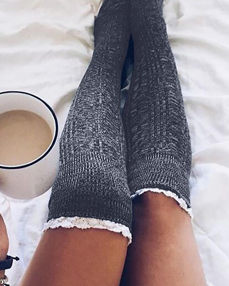 

Lace Trim Colorblock Over The Knee Socks, Dark grey