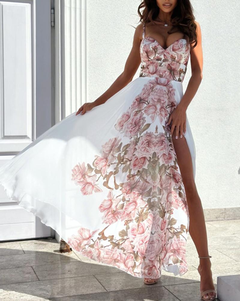 Robe longue caraco à imprimé floral et fente haute