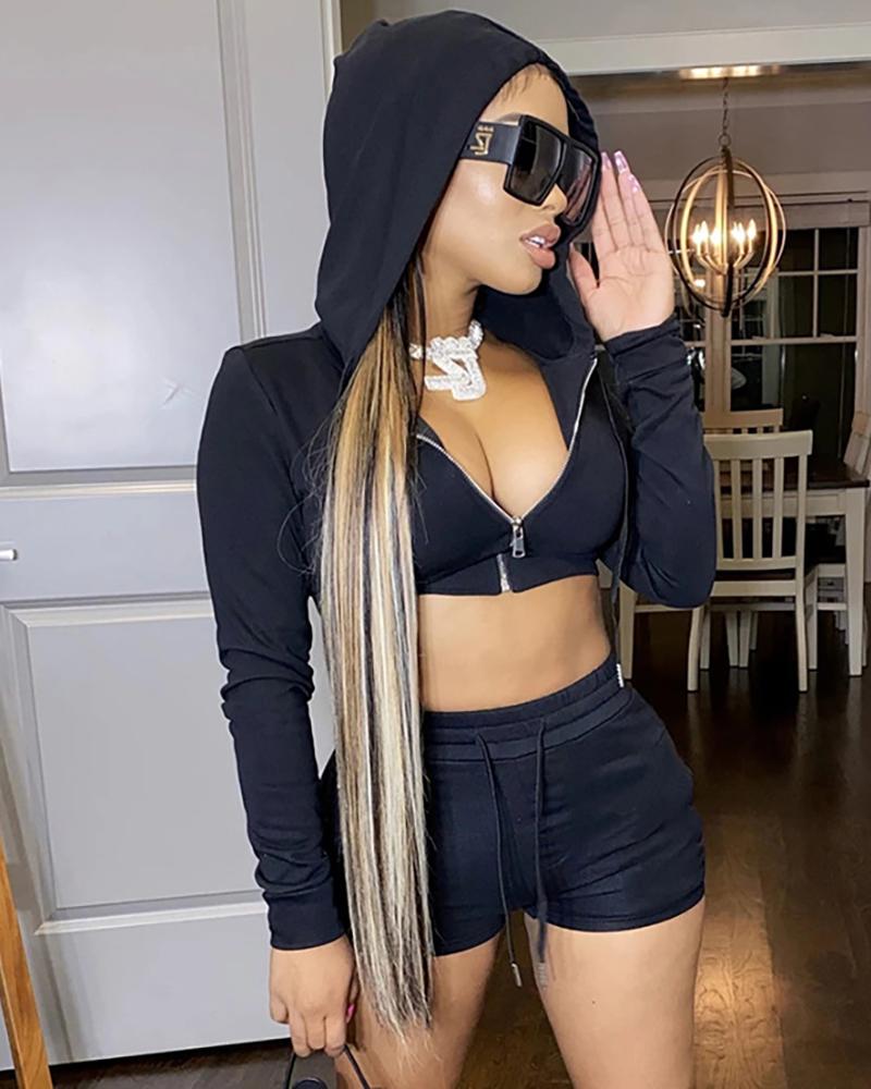 

Zip Hooded Crop Top & Drawstring Shorts Set, Black