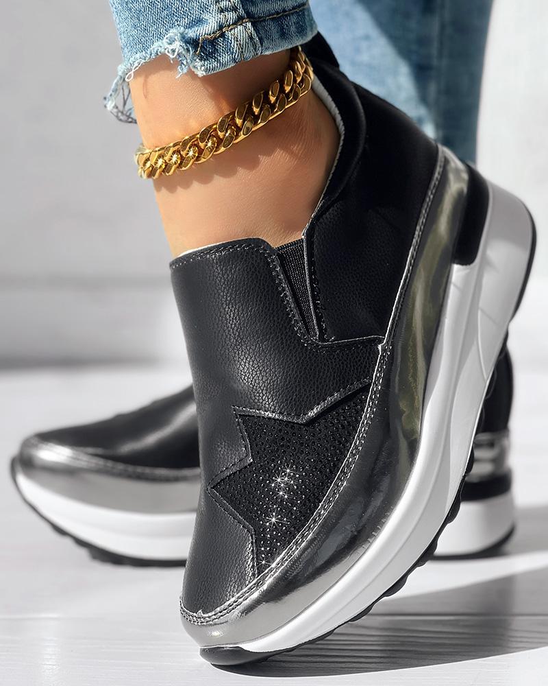 

Rhinestone Star Pattern Platform Muffin Sneakers, Black